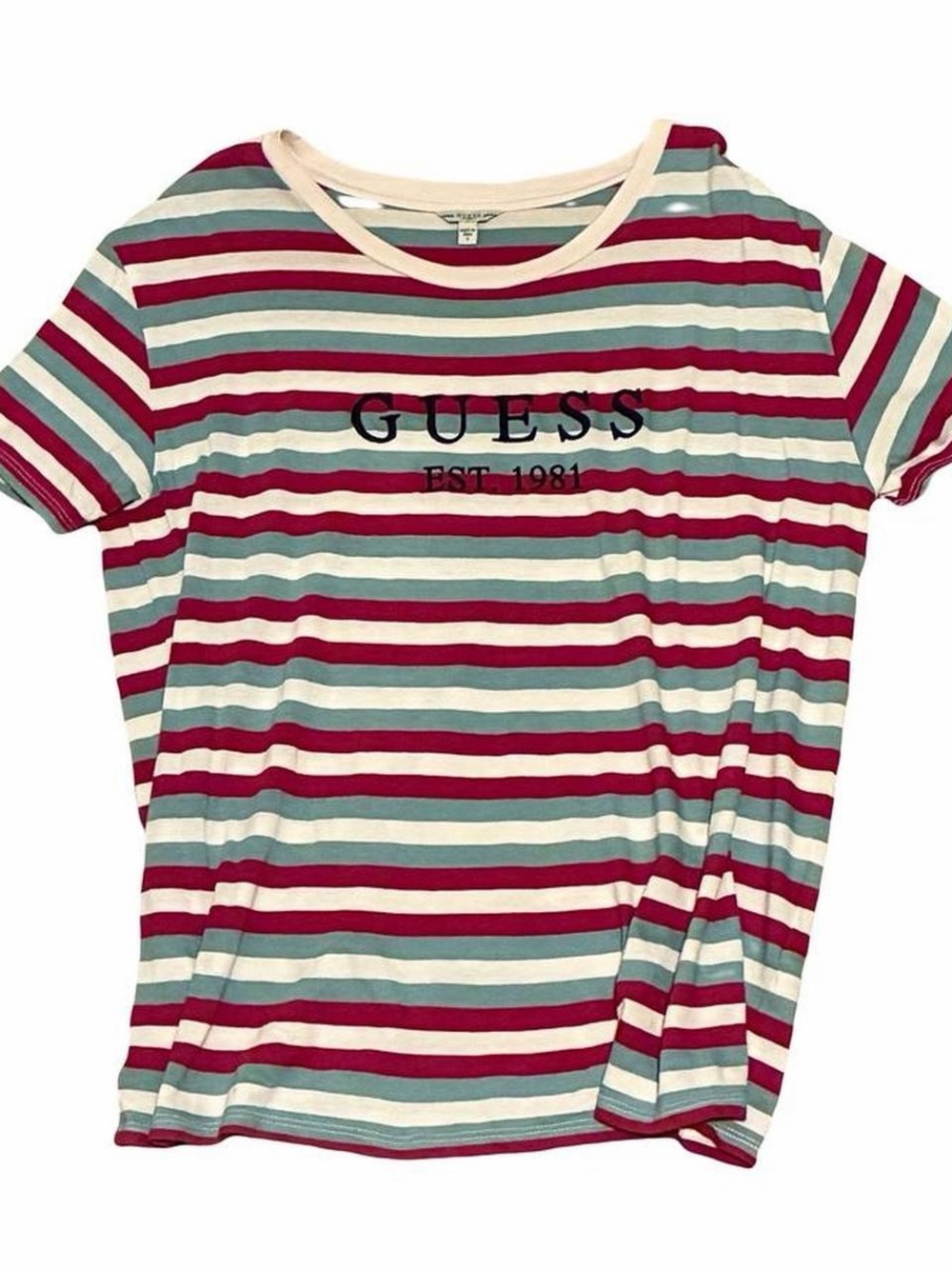 GUESS logo graphic tee w/ multicolored striped pattern